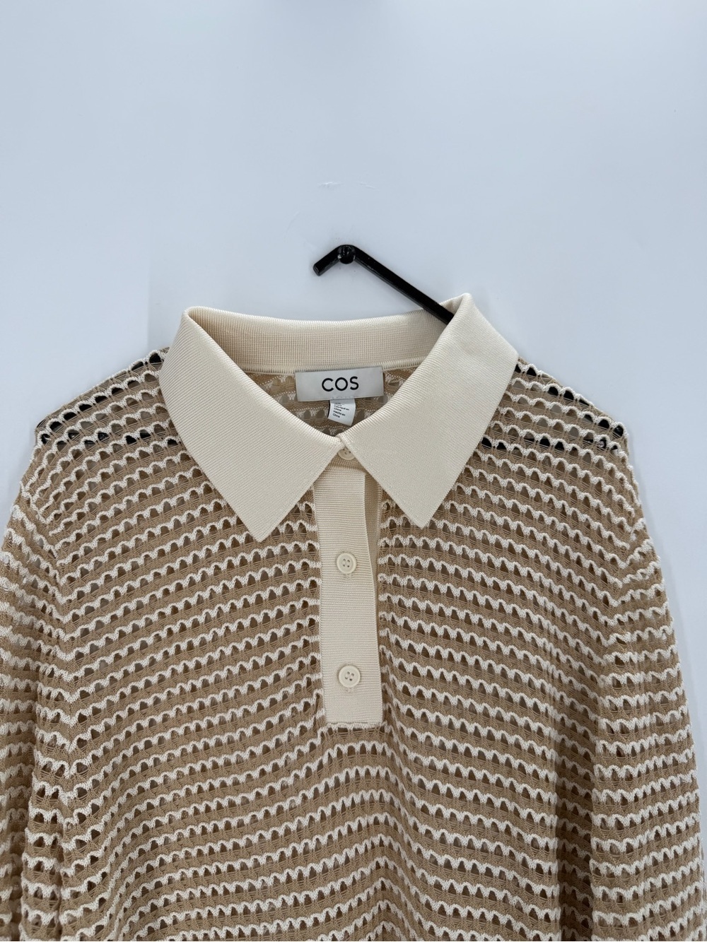 Cos Open Knit Polo Collar Crochet Shirt In Beige